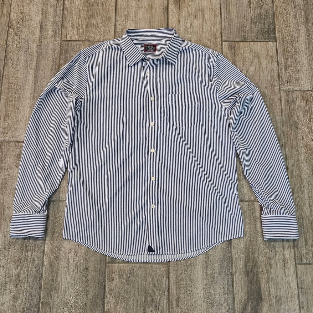UNTUCKit Button Down Shirt Size L Blue White Striped Slim Fit Performance Preppy